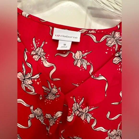 Liz Claiborne Red Floral Ruffle Blouse Long Sleeve Work Top Size M - Picture 3 of 9